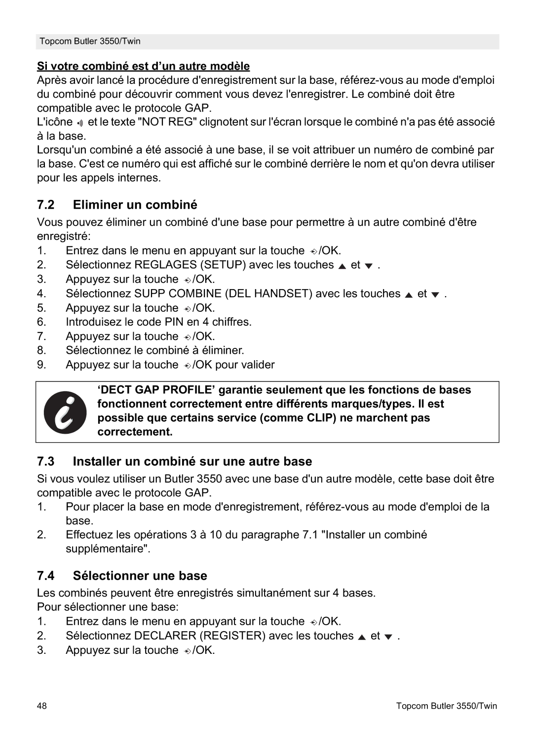 Topcom 3550/Twin manual Eliminer un combiné, Installer un combiné sur une autre base, Sélectionner une base 