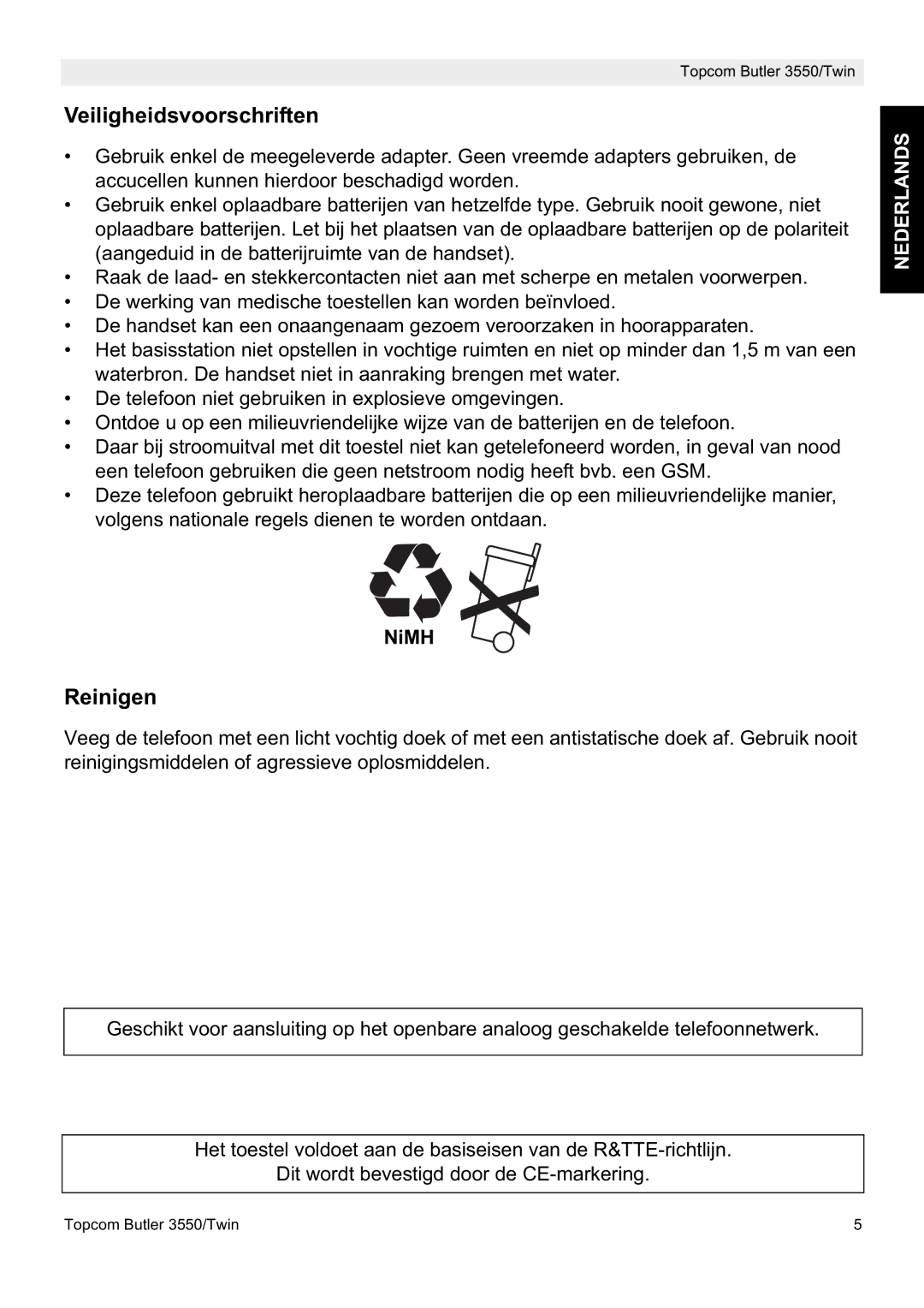 Topcom 3550/Twin manual Veiligheidsvoorschriften, Reinigen, NiMH 