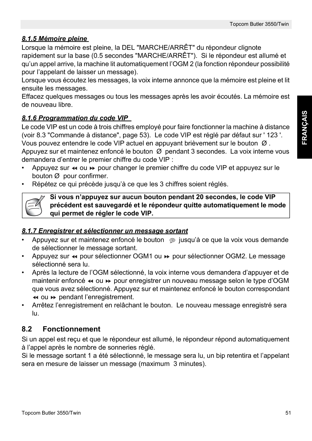 Topcom 3550/Twin manual Fonctionnement, 5 Mémoire pleine, Programmation du code VIP 