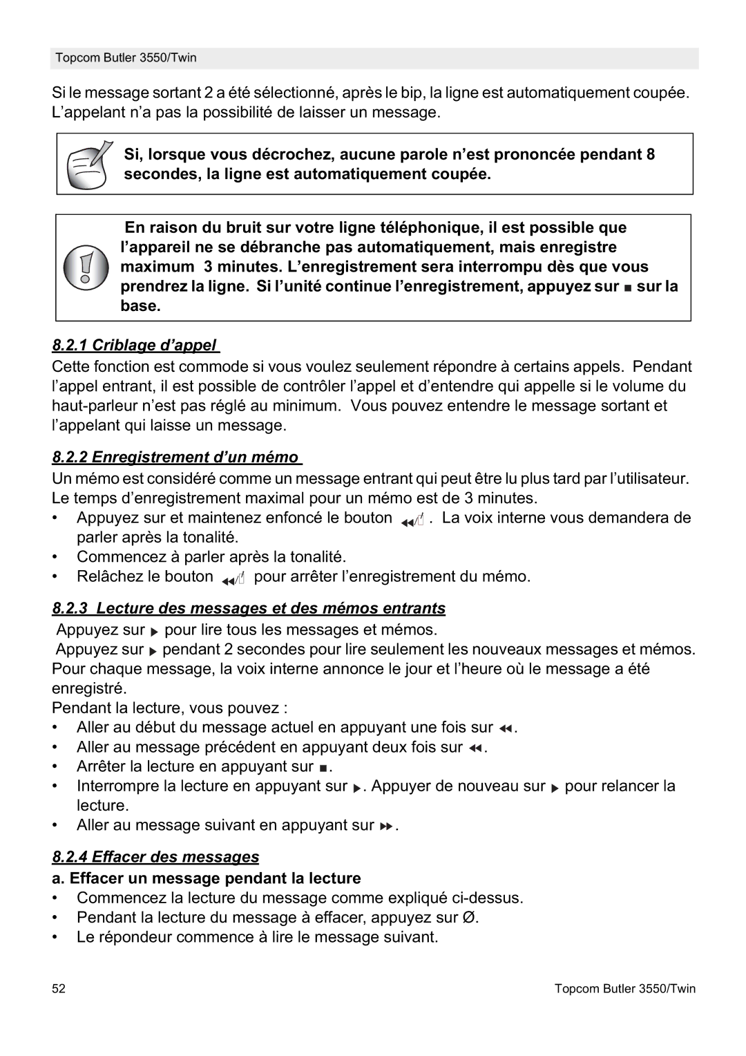 Topcom 3550/Twin manual Criblage d’appel, Enregistrement d’un mémo, Lecture des messages et des mémos entrants 