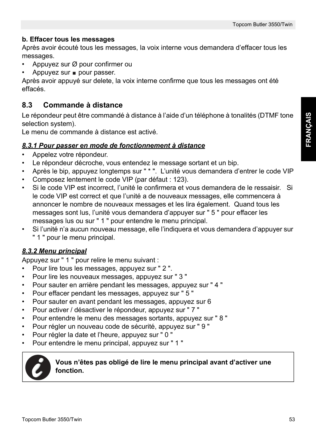 Topcom 3550/Twin manual Commande à distance, Effacer tous les messages, Pour passer en mode de fonctionnement à distance 