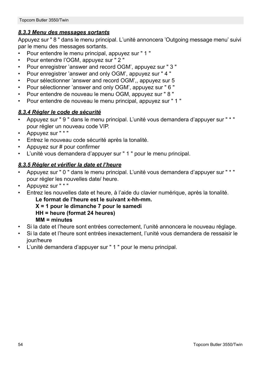 Topcom 3550/Twin manual Menu des messages sortants, 4 Régler le code de sécurité, 5 Régler et vérifier la date et l’heure 