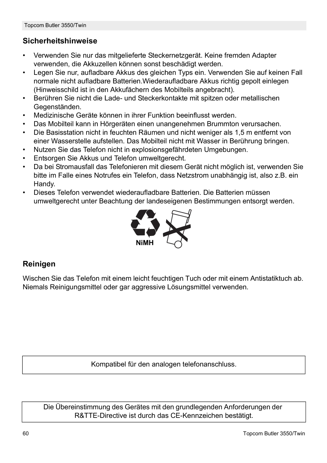 Topcom 3550/Twin manual Sicherheitshinweise, NiMH 