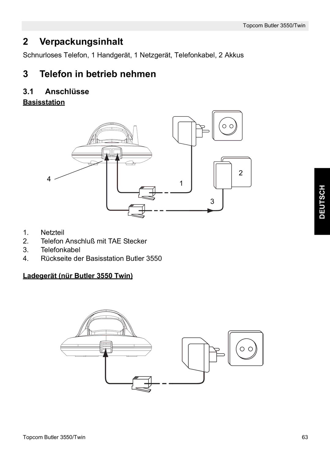 Topcom 3550/Twin Verpackungsinhalt, Telefon in betrieb nehmen, Anschlüsse, Basisstation, Ladegerät nür Butler 3550 Twin 