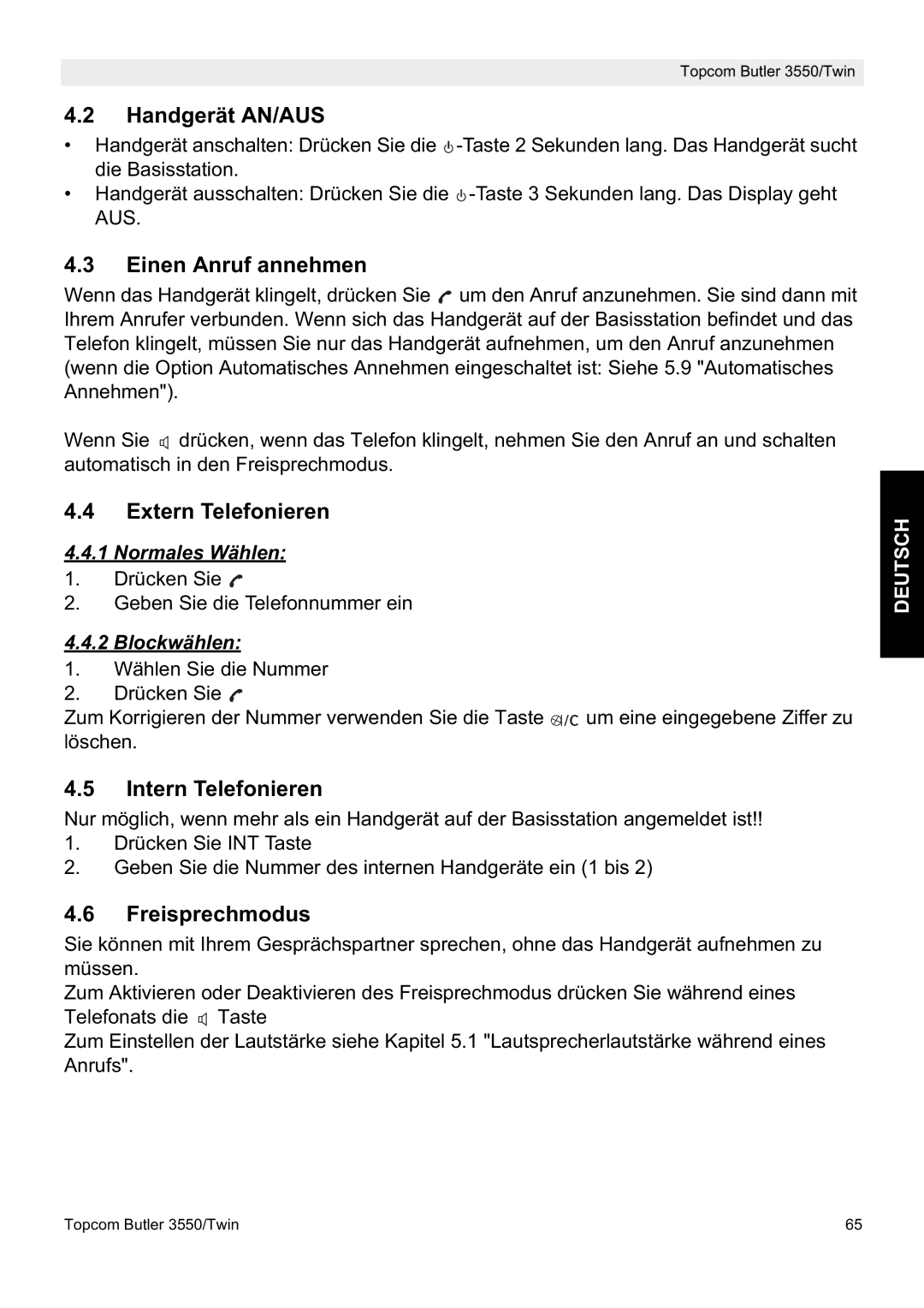 Topcom 3550/Twin manual Handgerät AN/AUS, Einen Anruf annehmen, Extern Telefonieren, Intern Telefonieren, Freisprechmodus 