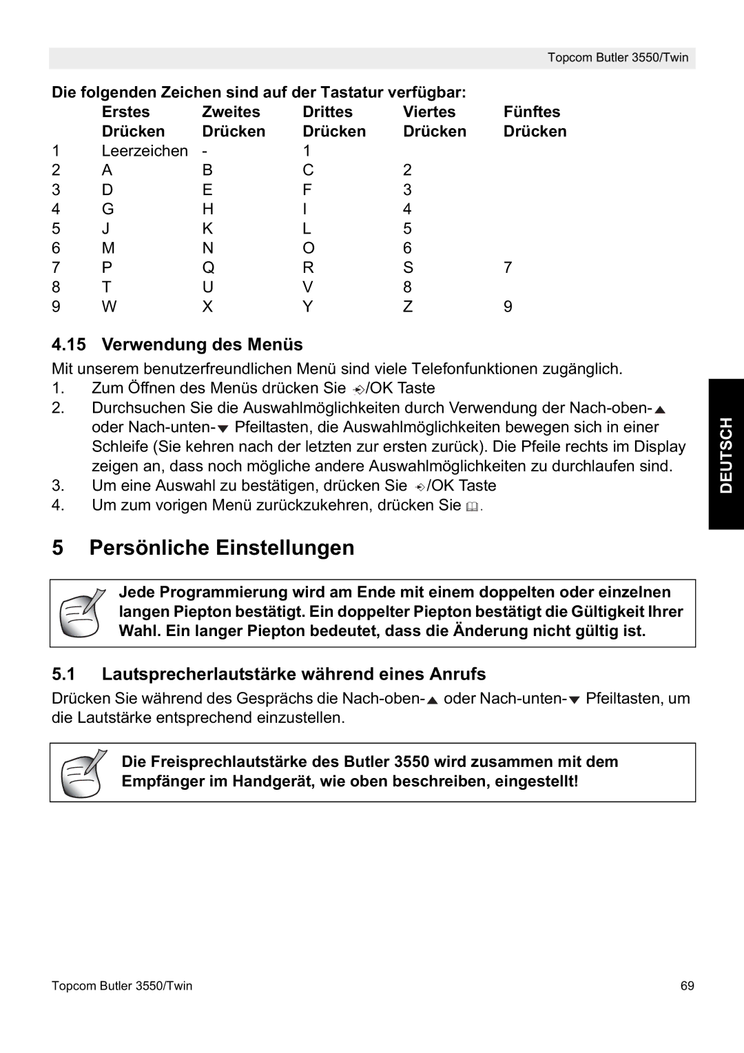 Topcom 3550/Twin manual Persönliche Einstellungen, Verwendung des Menüs, Lautsprecherlautstärke während eines Anrufs 