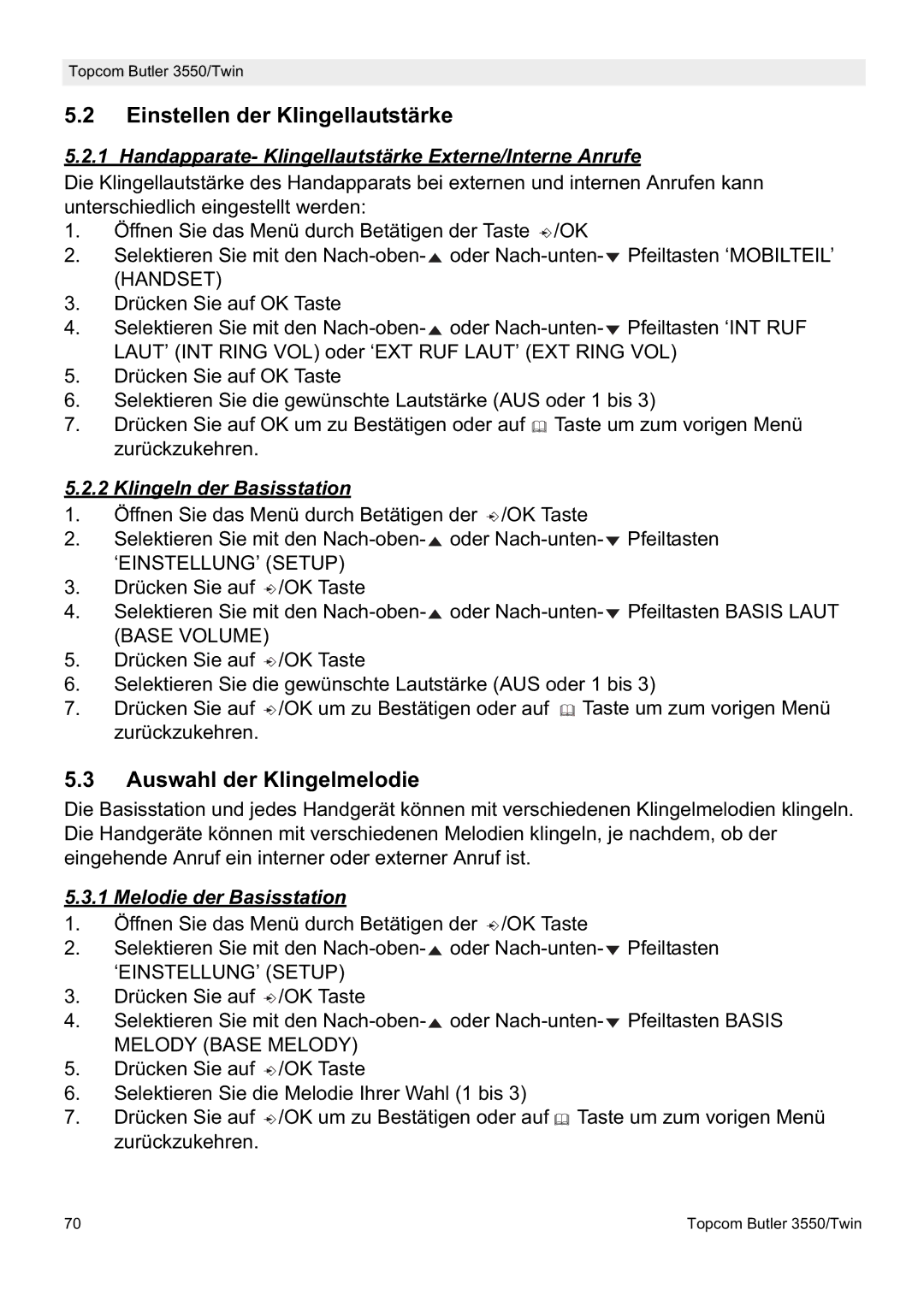 Topcom 3550/Twin manual Einstellen der Klingellautstärke, Auswahl der Klingelmelodie, Klingeln der Basisstation 