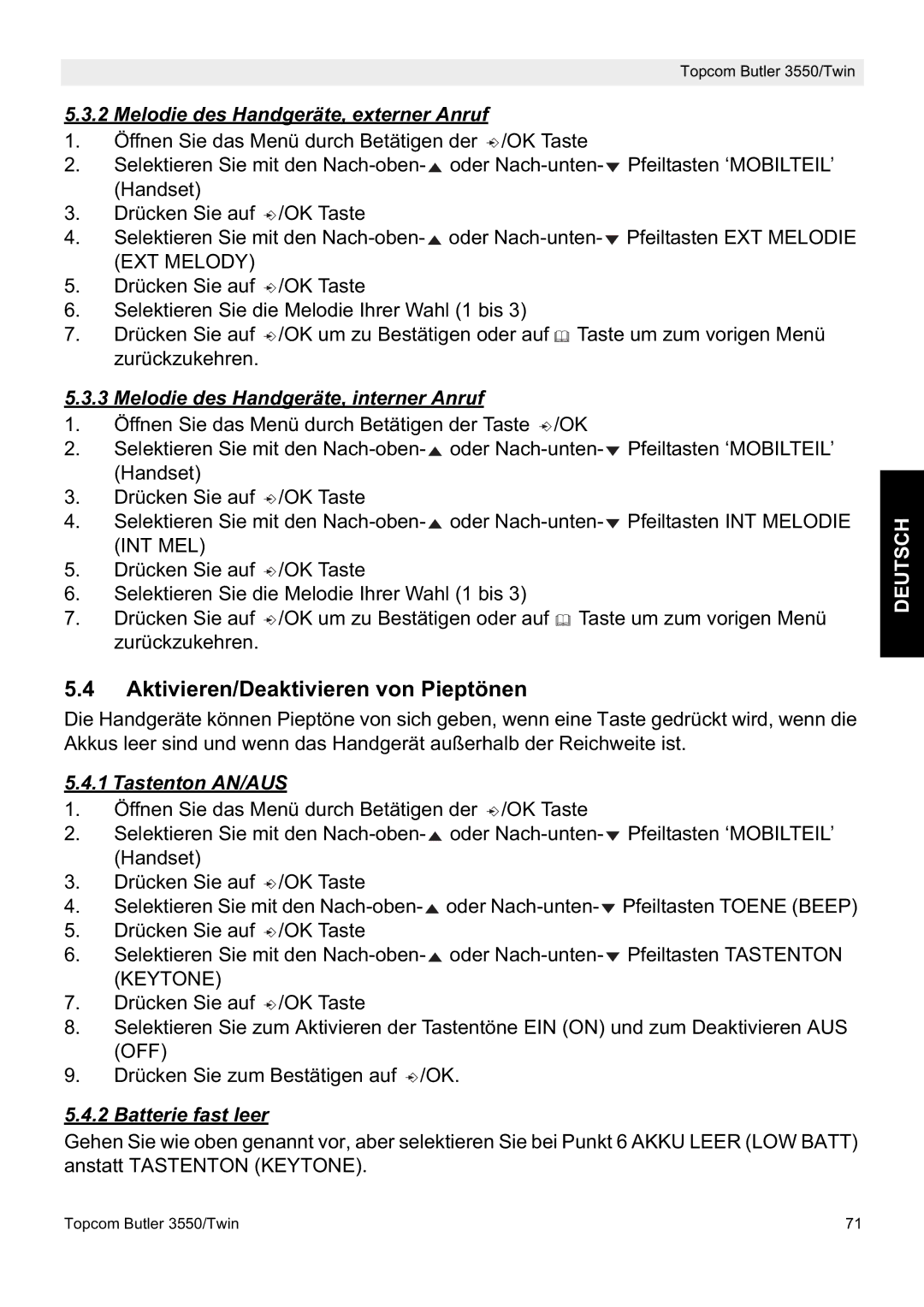 Topcom 3550/Twin manual Aktivieren/Deaktivieren von Pieptönen, Melodie des Handgeräte, externer Anruf, Tastenton AN/AUS 