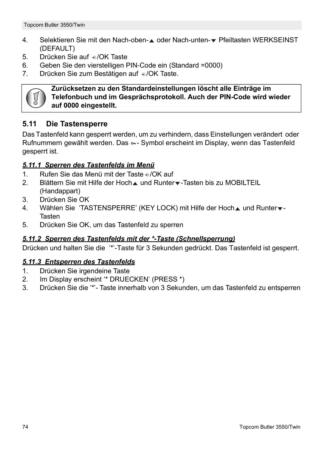 Topcom 3550/Twin manual Die Tastensperre, Sperren des Tastenfelds im Menü, Entsperren des Tastenfelds 