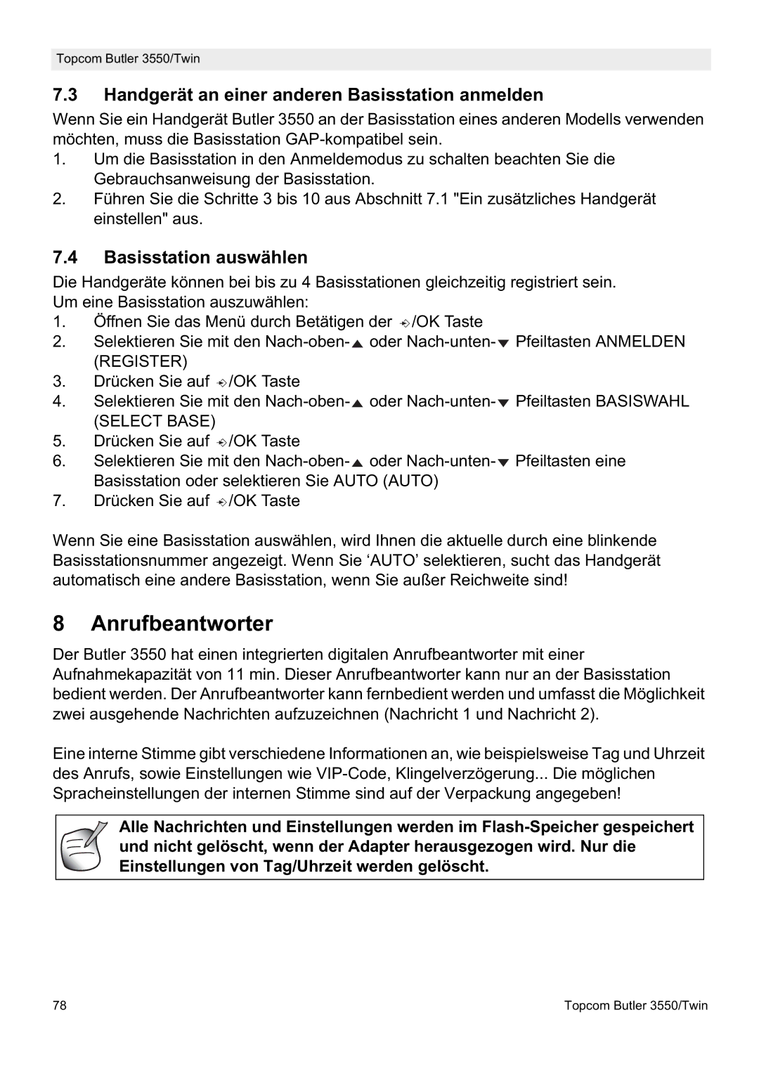 Topcom 3550/Twin manual Anrufbeantworter, Handgerät an einer anderen Basisstation anmelden, Basisstation auswählen 