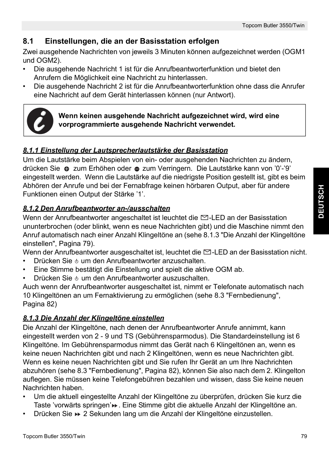 Topcom 3550/Twin Einstellungen, die an der Basisstation erfolgen, Einstellung der Lautsprecherlautstärke der Basisstation 