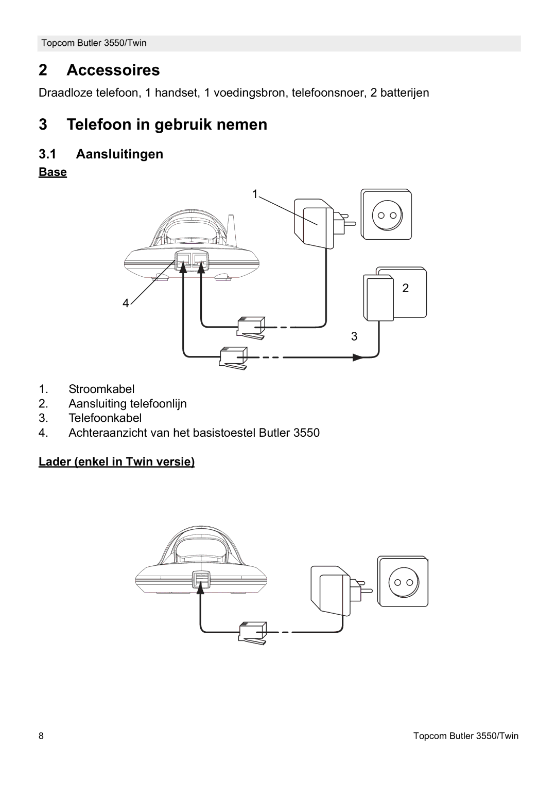 Topcom 3550/Twin manual Accessoires, Telefoon in gebruik nemen, Aansluitingen, Base, Lader enkel in Twin versie 