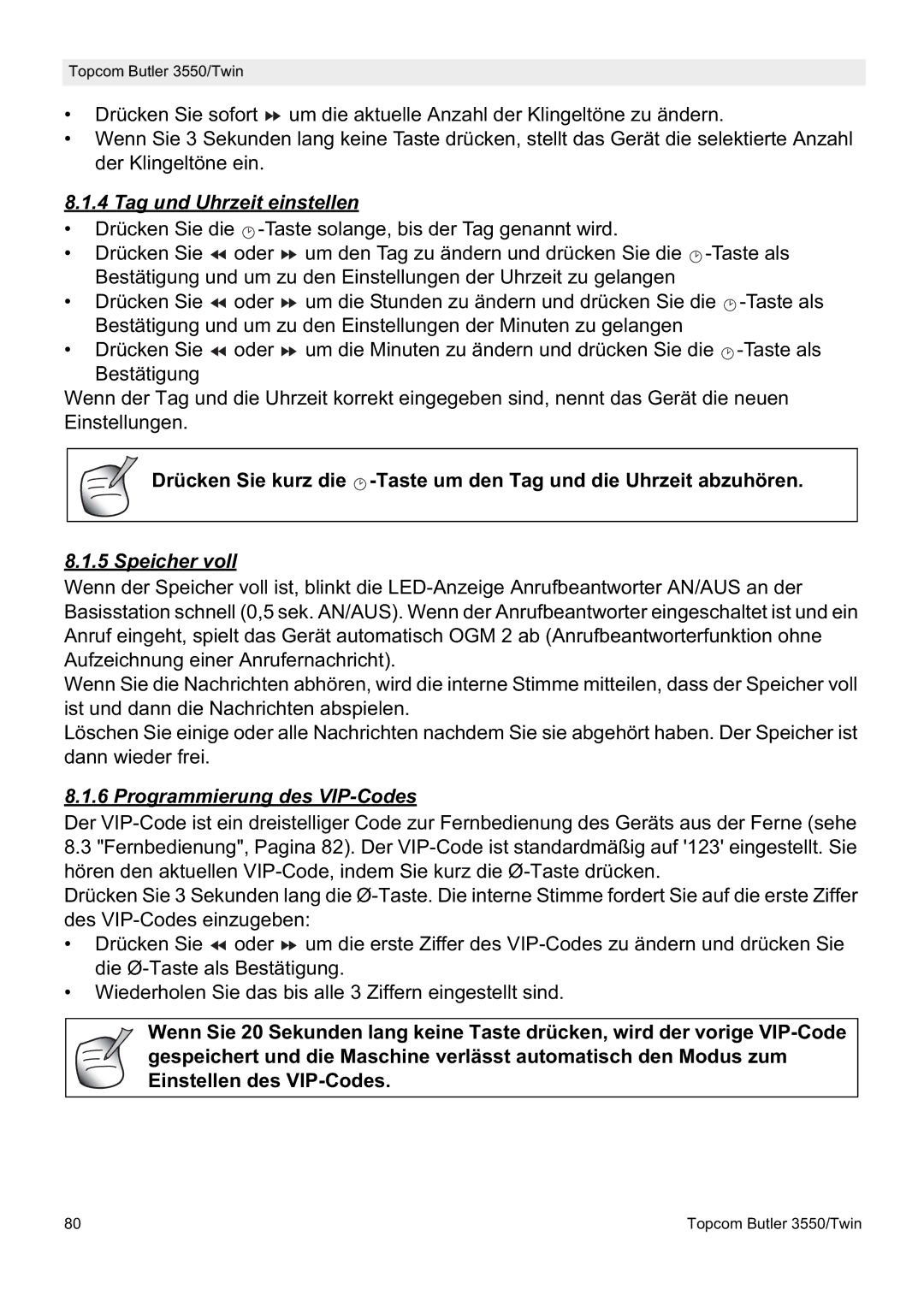 Topcom 3550/Twin manual Tag und Uhrzeit einstellen, Speicher voll, Programmierung des VIP-Codes 