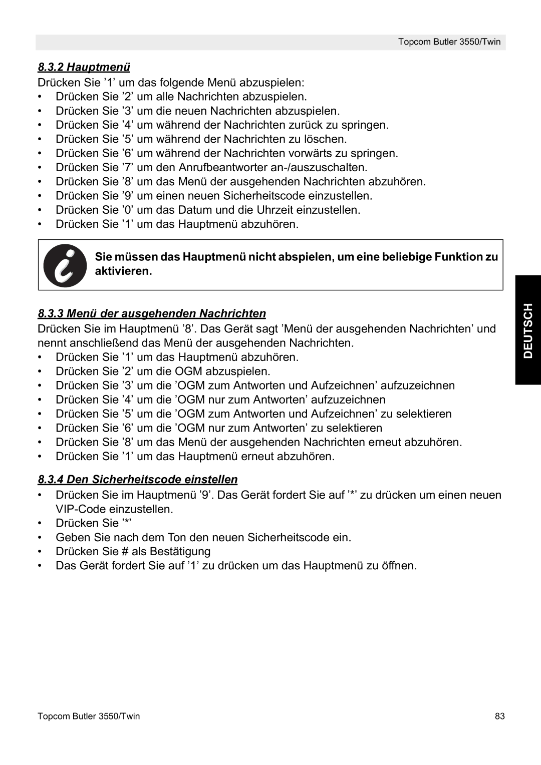 Topcom 3550/Twin manual Hauptmenü, 3 Menü der ausgehenden Nachrichten, Den Sicherheitscode einstellen 