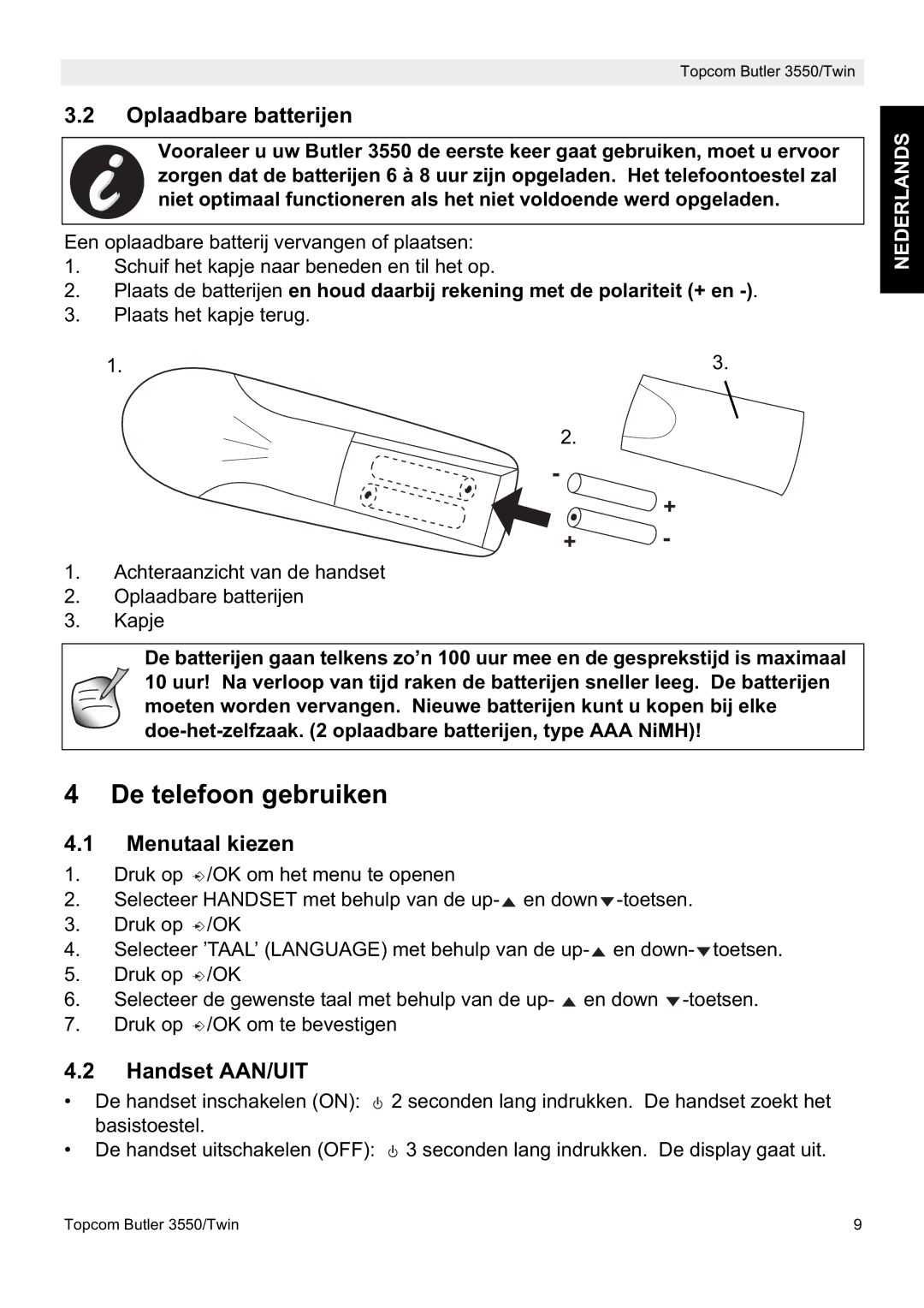 Topcom 3550/Twin manual De telefoon gebruiken, Oplaadbare batterijen, Menutaal kiezen, Handset AAN/UIT 