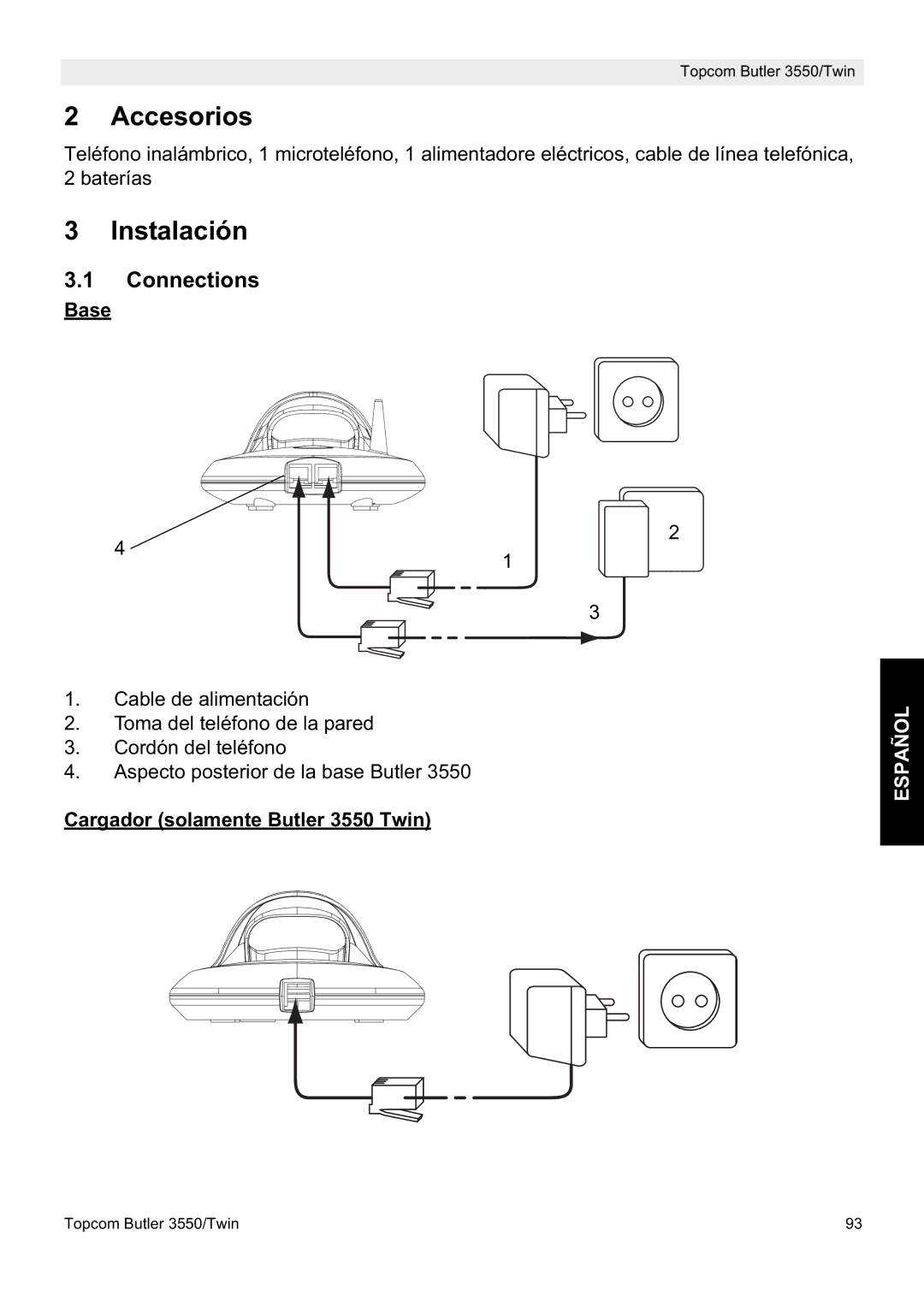 Topcom 3550/Twin manual Accesorios, Instalación, Connections, Cargador solamente Butler 3550 Twin 