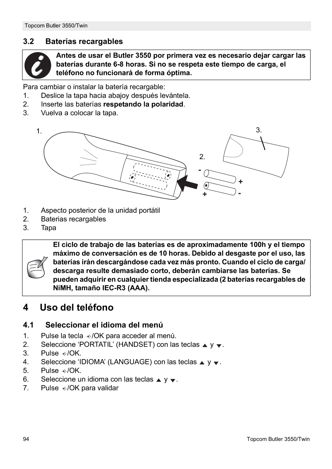 Topcom 3550/Twin manual Uso del teléfono, Baterías recargables, Seleccionar el idioma del menú 