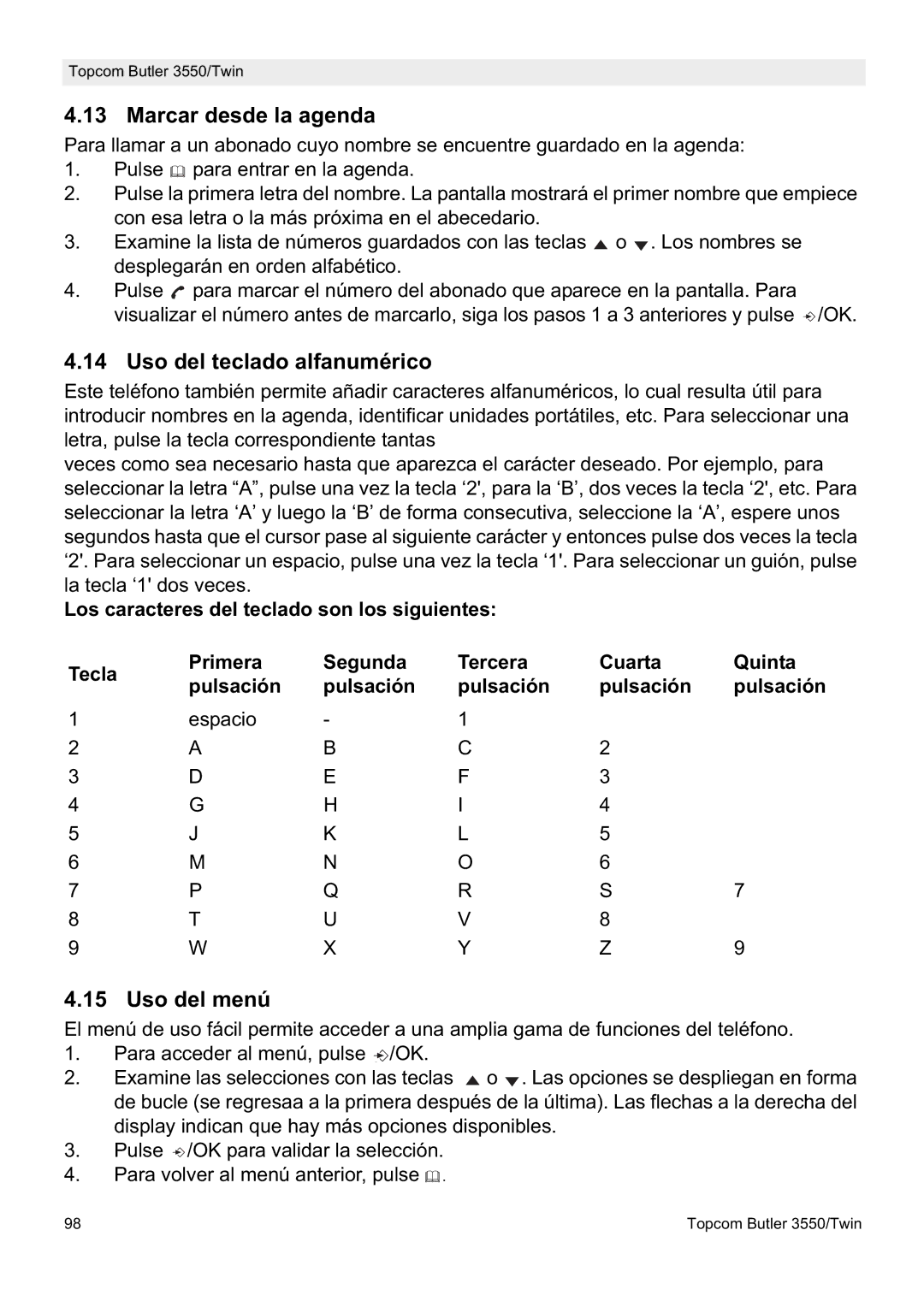 Topcom 3550/Twin manual Marcar desde la agenda, Uso del teclado alfanumérico, Uso del menú 