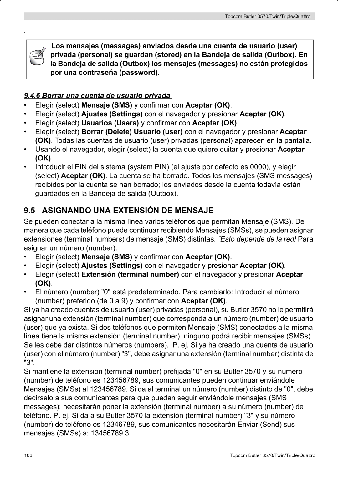 Topcom 3570 manual Asignando UNA Extensión DE Mensaje, Borrar una cuenta de usuario privada 