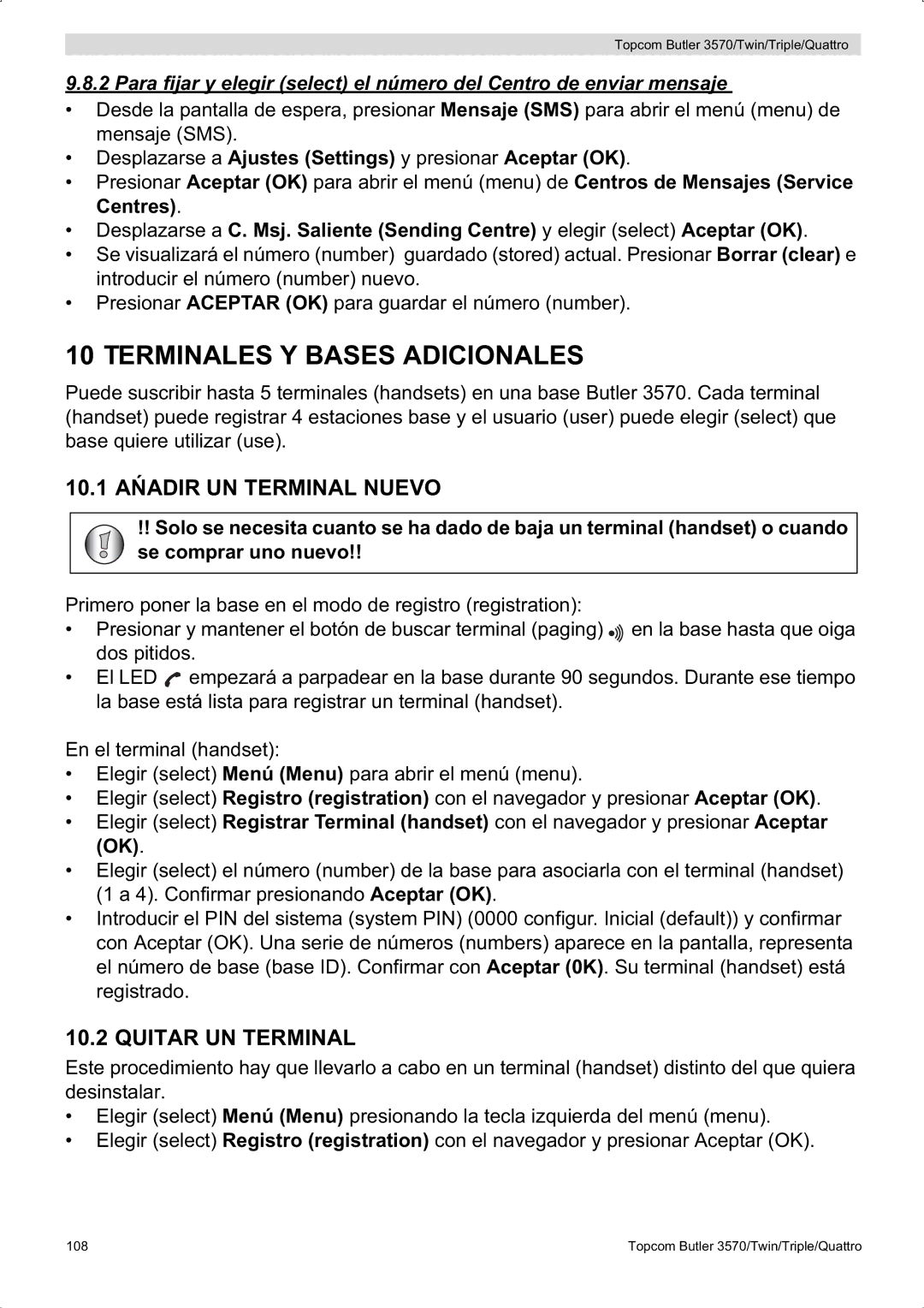 Topcom 3570 manual Terminales Y Bases Adicionales, Quitar UN Terminal 