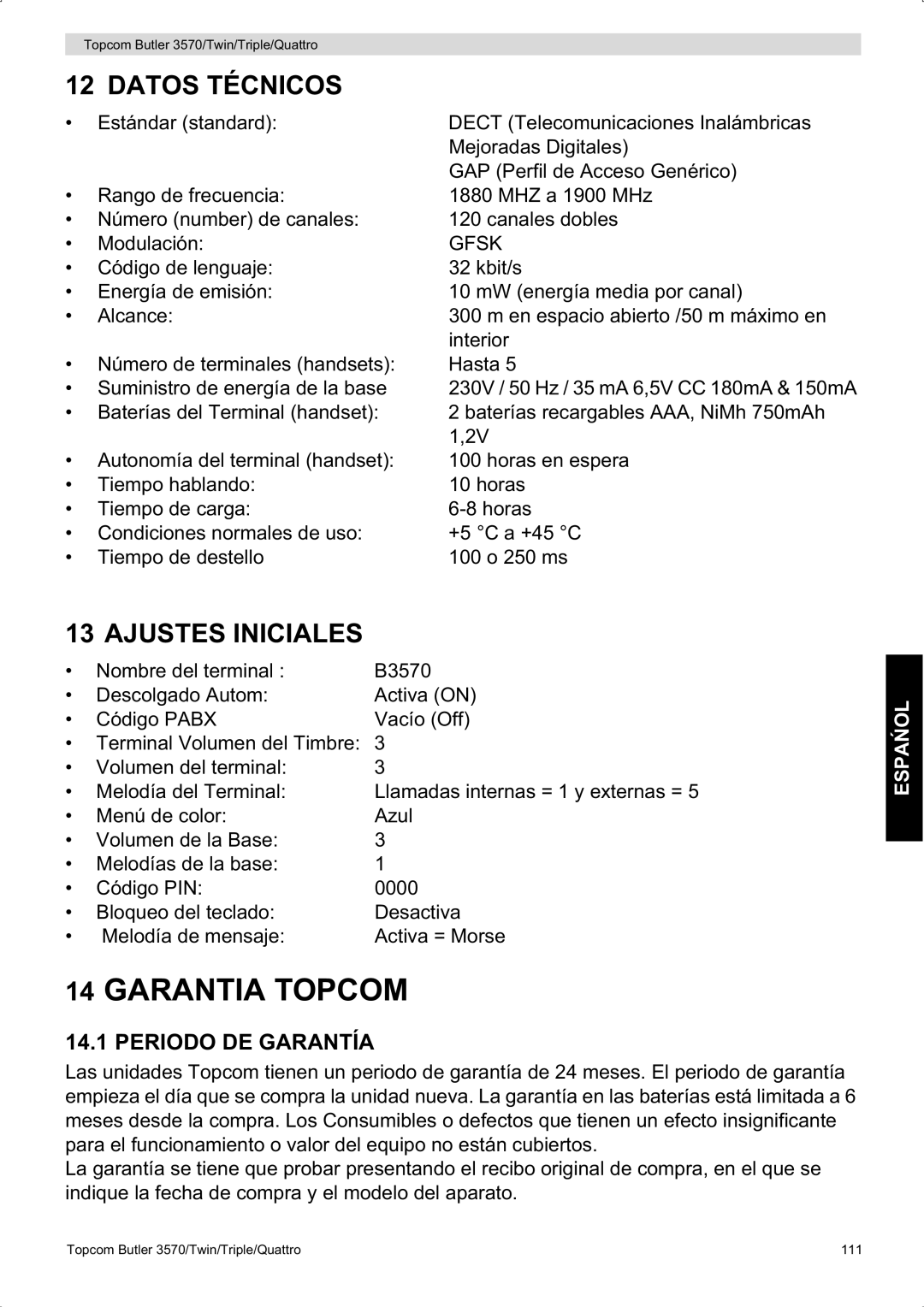 Topcom 3570 manual Datos Técnicos, Ajustes Iniciales, Periodo DE Garantía 