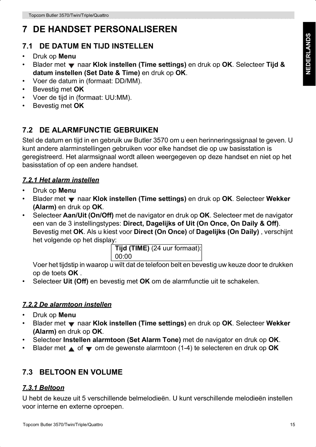 Topcom 3570 manual DE Handset Personaliseren, DE Datum EN Tijd Instellen, DE Alarmfunctie Gebruiken, Beltoon EN Volume 