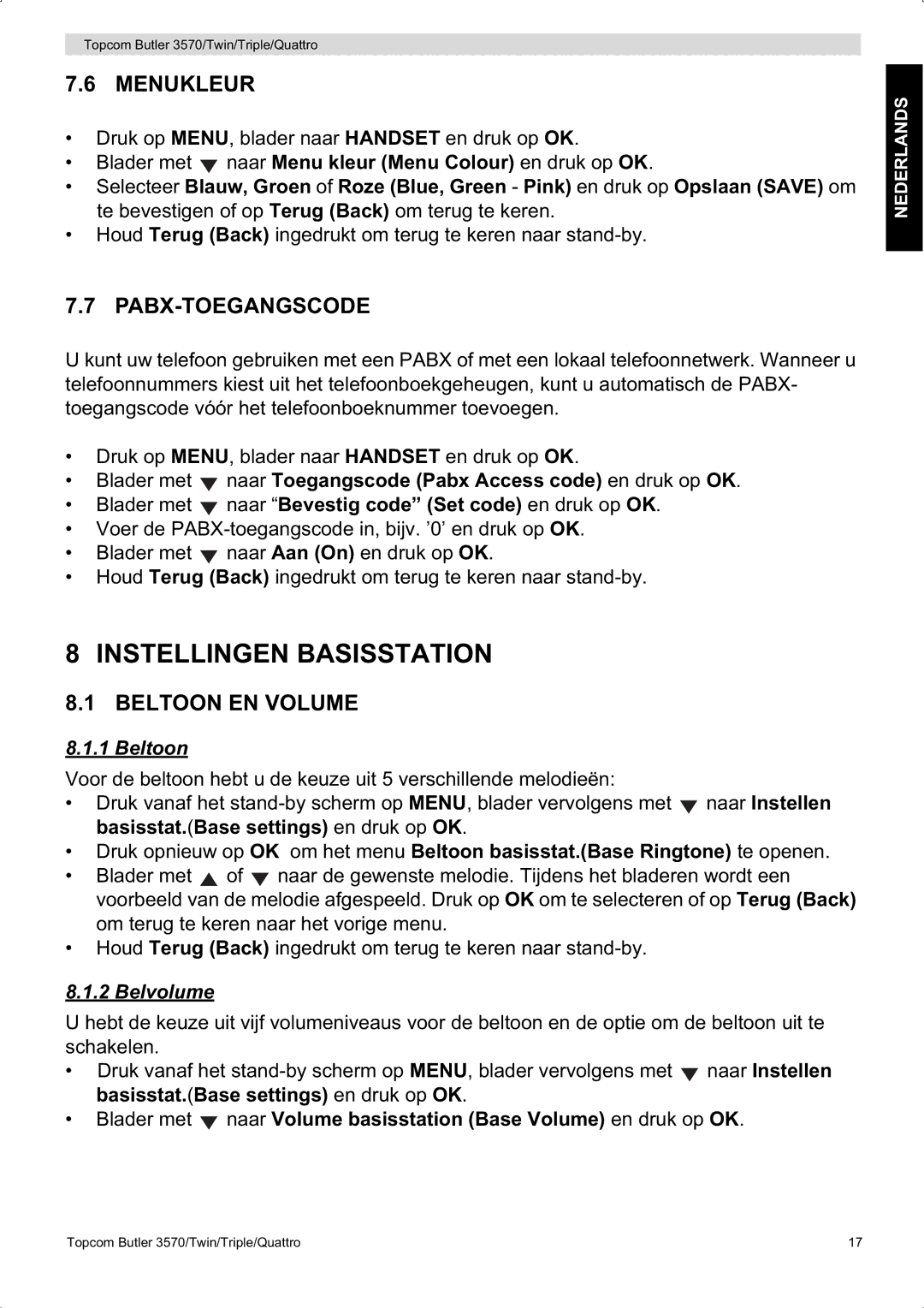 Topcom 3570 manual Instellingen Basisstation, Menukleur, Pabx-Toegangscode 