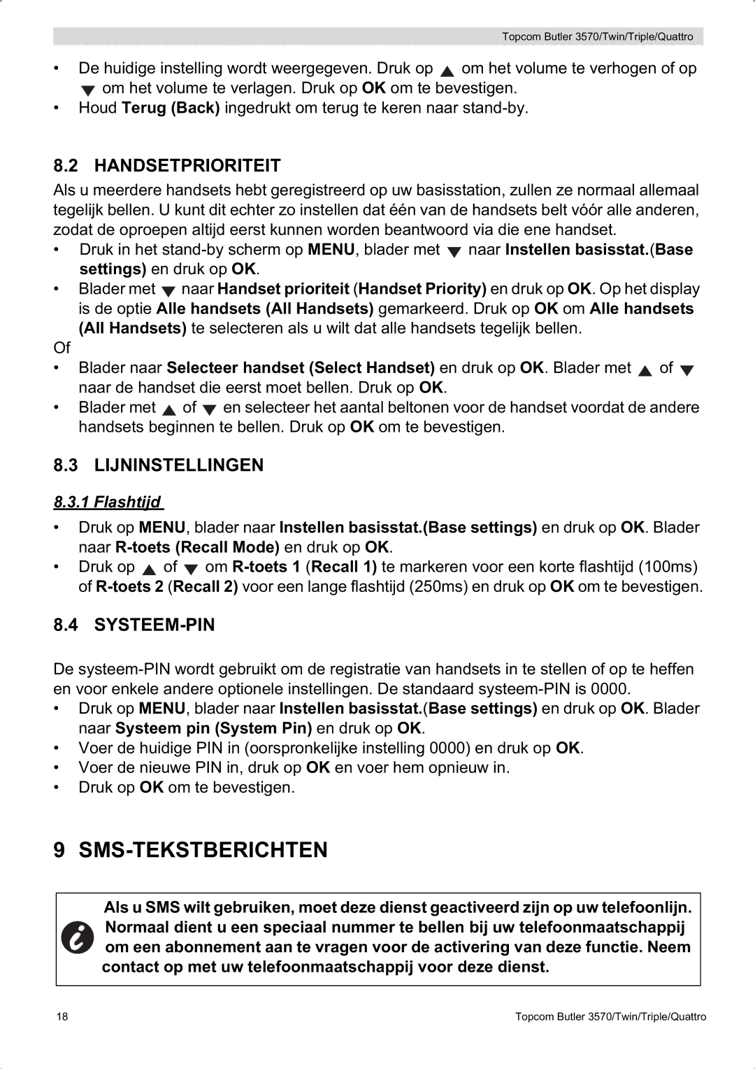 Topcom 3570 manual Sms-Tekstberichten, Handsetprioriteit, Lijninstellingen, Systeem-Pin, Flashtijd 