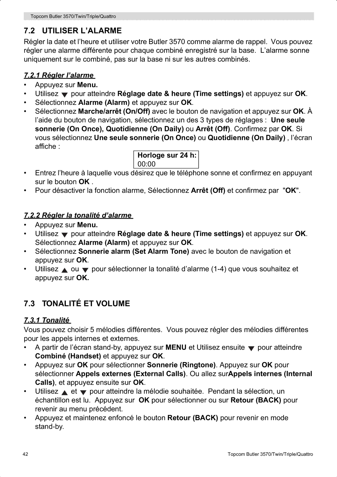 Topcom 3570 manual Utiliser L’ALARME, Tonalité ET Volume, 1 Régler l’alarme, 2 Régler la tonalité d’alarme 