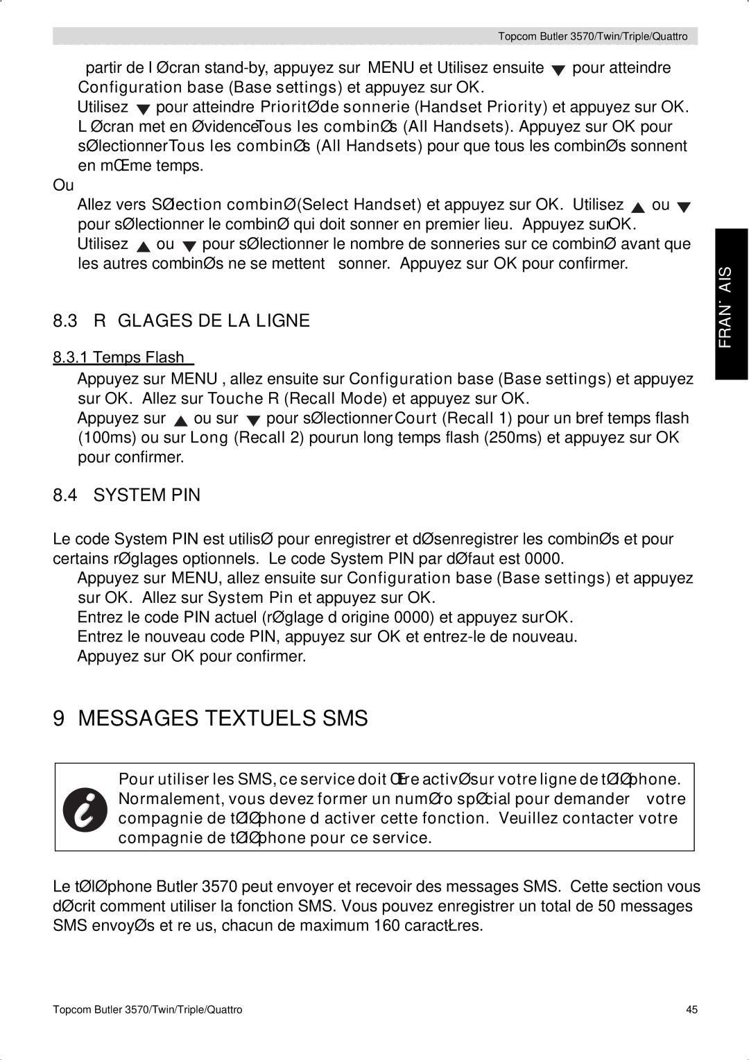 Topcom 3570 manual Messages Textuels SMS, Réglages DE LA Ligne, System PIN, Temps Flash 