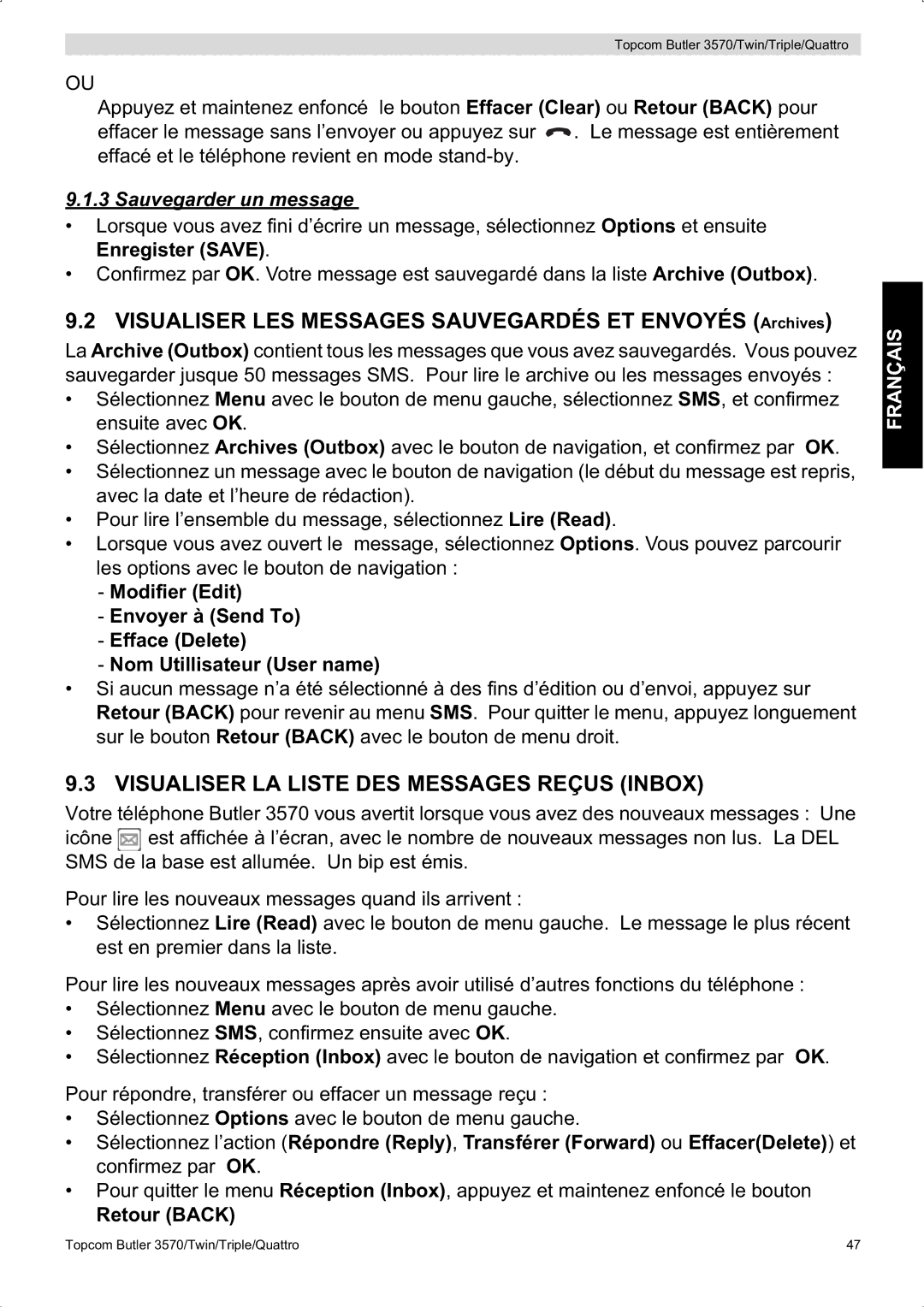 Topcom 3570 manual Visualiser LA Liste DES Messages Reçus Inbox, Sauvegarder un message, Retour Back 