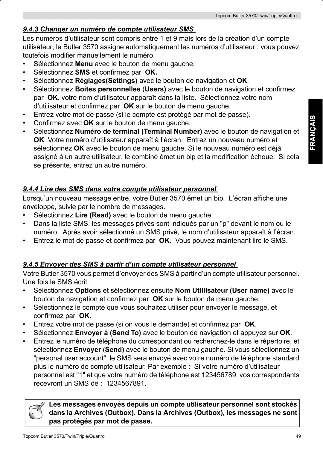 Topcom 3570 manual Changer un numéro de compte utilisateur SMS, Lire des SMS dans votre compte utilisateur personnel 