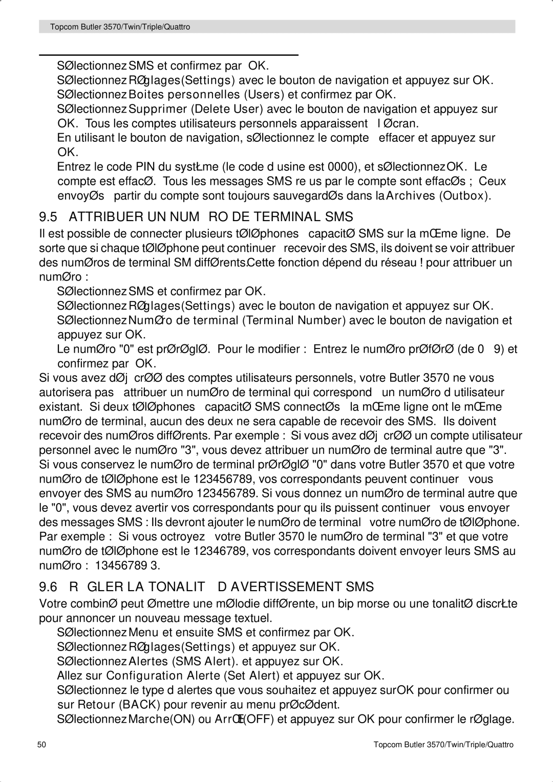 Topcom 3570 manual Attribuer UN Numéro DE Terminal SMS, Régler LA Tonalité D’AVERTISSEMENT SMS 