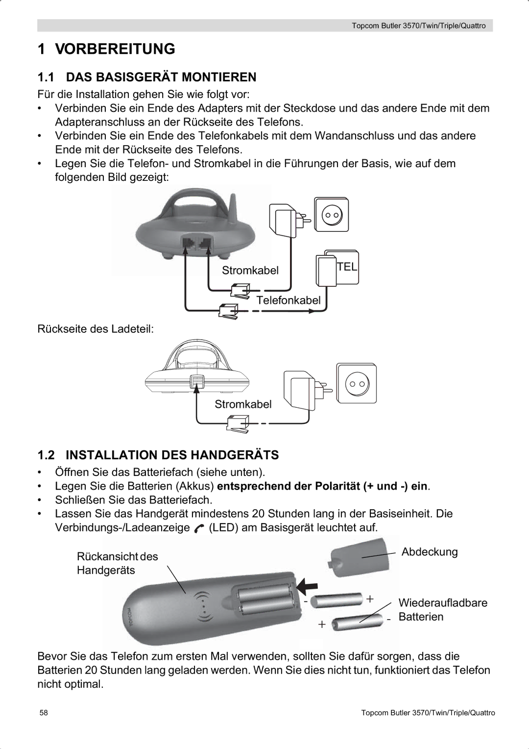 Topcom 3570 manual Vorbereitung, DAS Basisgerät Montieren, Installation DES Handgeräts 