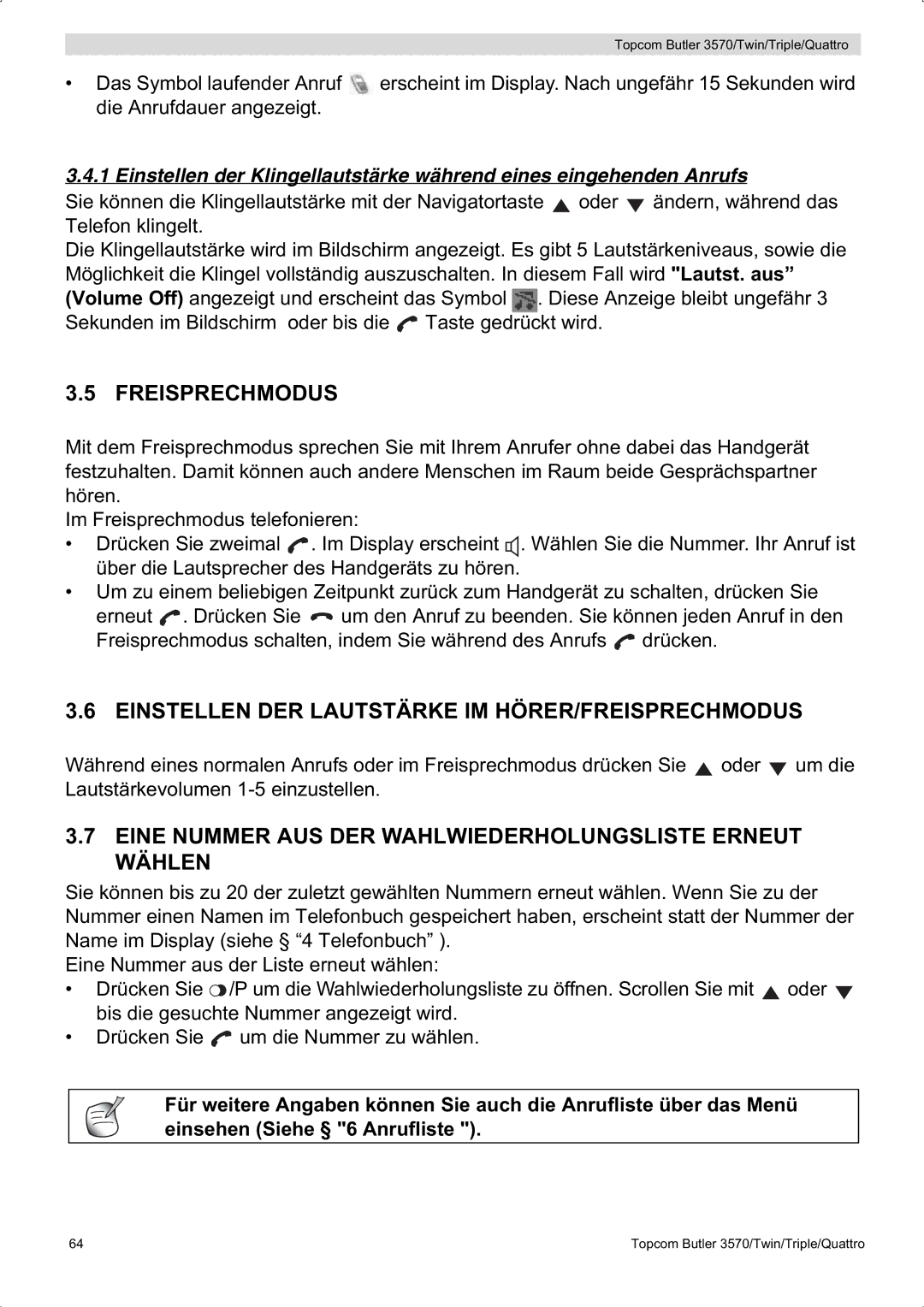 Topcom 3570 manual Freisprechmodus, Einstellen DER Lautstärke IM HÖRER/FREISPRECHMODUS 