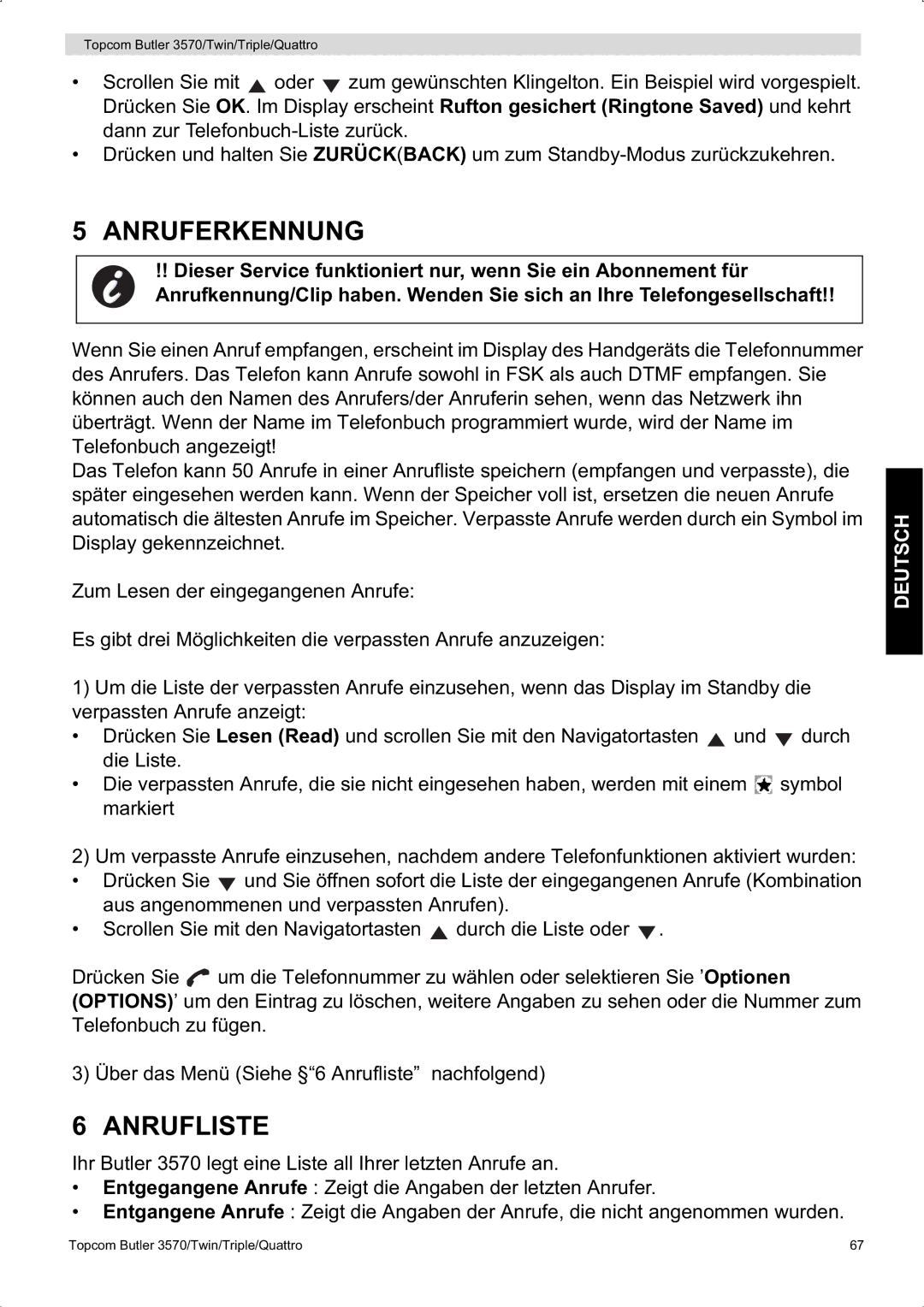 Topcom 3570 manual Anruferkennung, Anrufliste 