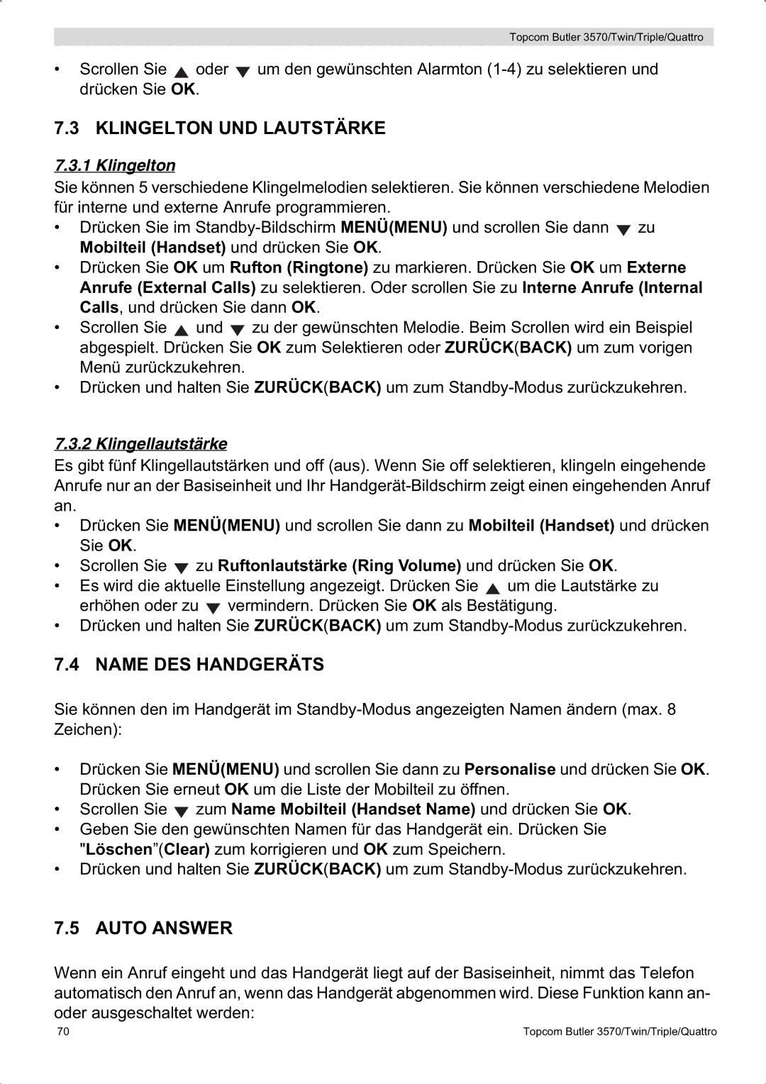 Topcom 3570 manual Klingelton UND Lautstärke, Name DES Handgeräts, Auto Answer, Klingellautstärke 