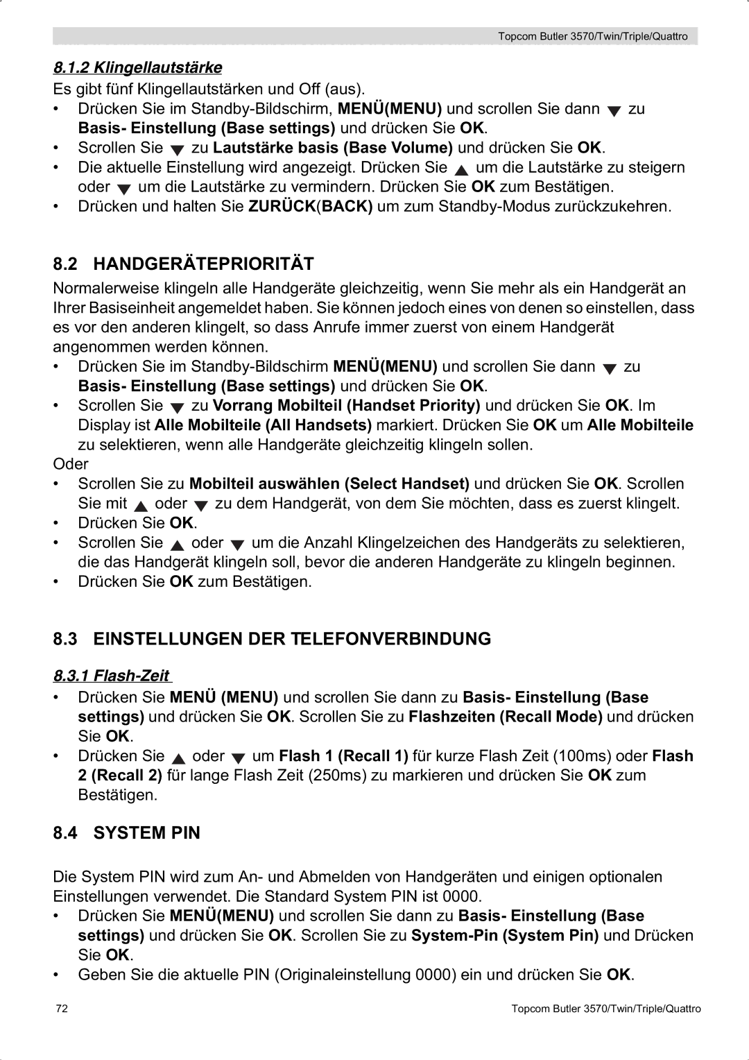 Topcom 3570 manual Handgerätepriorität, Einstellungen DER Telefonverbindung, Flash-Zeit 