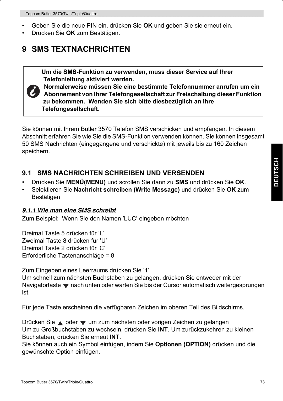 Topcom 3570 manual SMS Textnachrichten, SMS Nachrichten Schreiben UND Versenden, Wie man eine SMS schreibt 