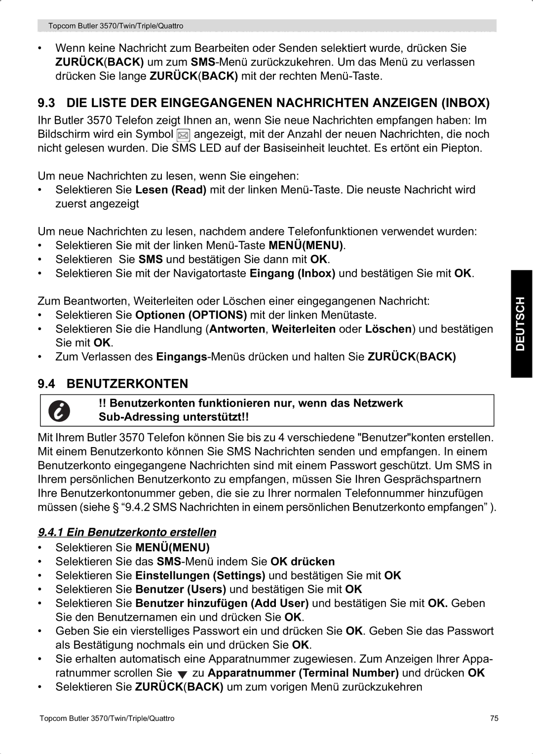 Topcom 3570 manual DIE Liste DER Eingegangenen Nachrichten Anzeigen Inbox, Benutzerkonten, Ein Benutzerkonto erstellen 