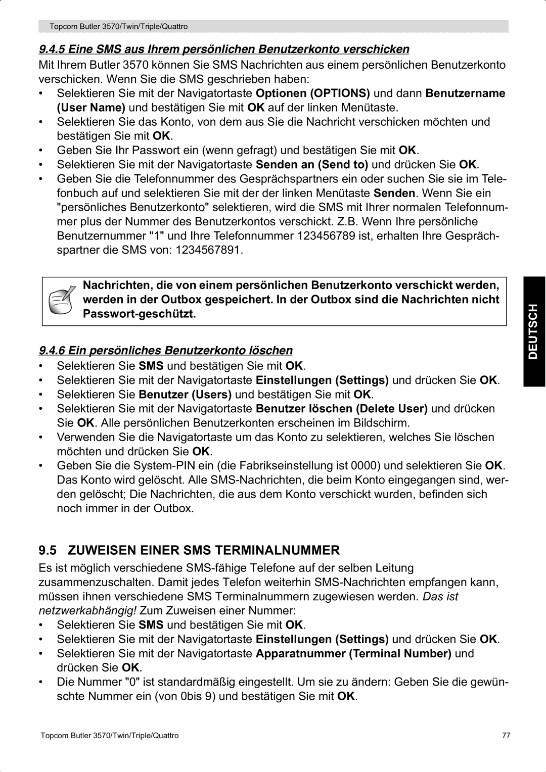 Topcom 3570 manual Zuweisen Einer SMS Terminalnummer, Eine SMS aus Ihrem persönlichen Benutzerkonto verschicken 