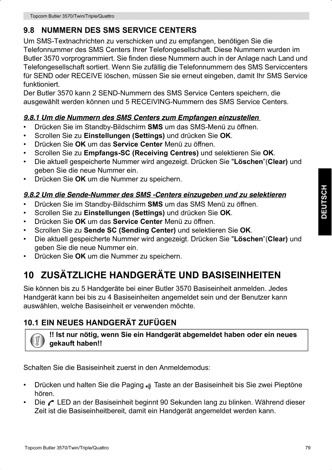 Topcom 3570 10 Zusätzliche Handgeräte UND Basiseinheiten, Nummern DES SMS Service Centers, EIN Neues Handgerät Zufügen 