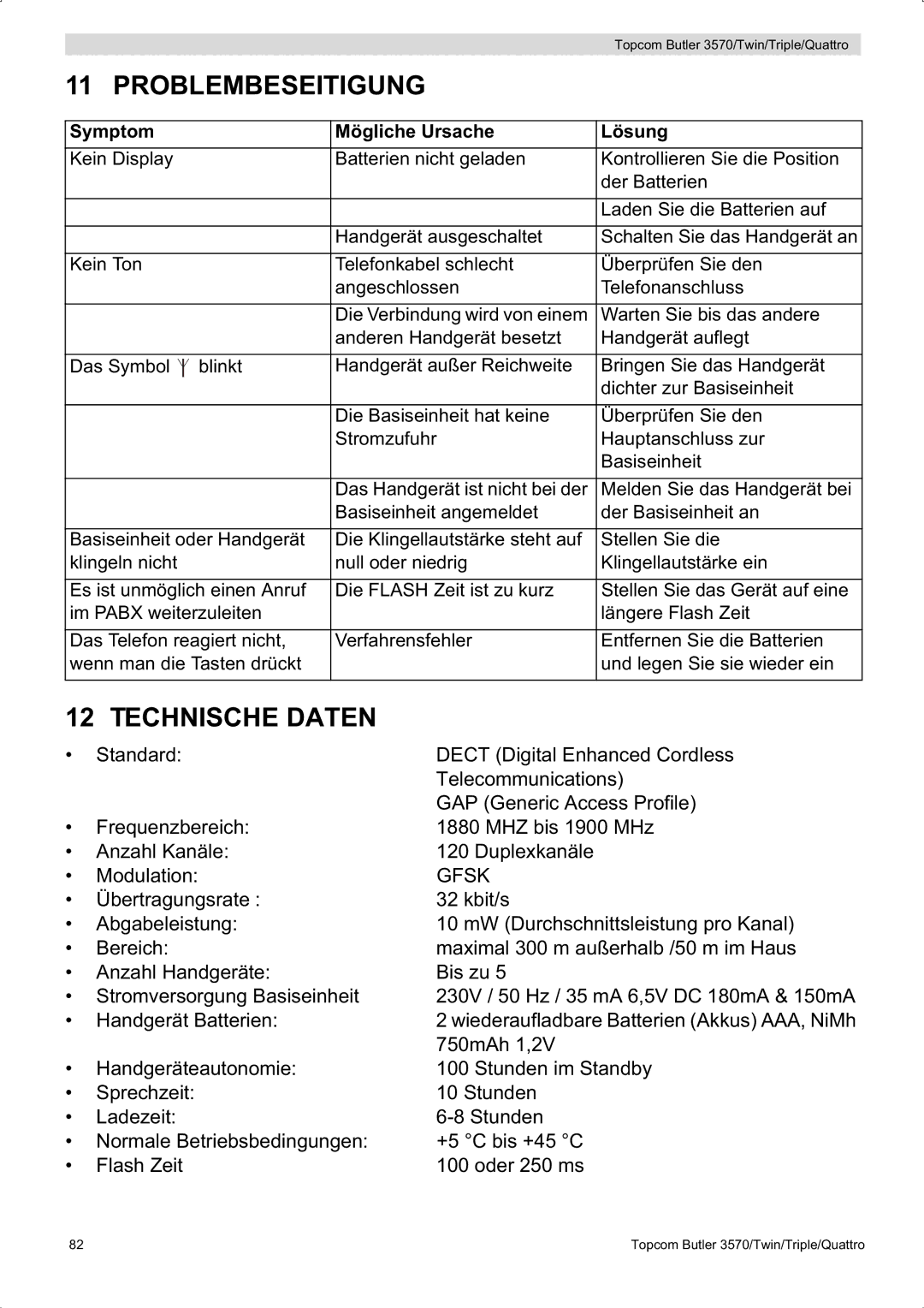 Topcom 3570 manual Problembeseitigung, Technische Daten 