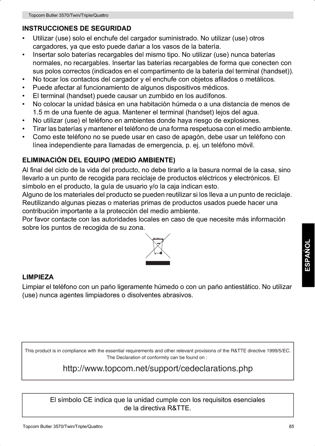 Topcom 3570 manual Instrucciones DE Seguridad 