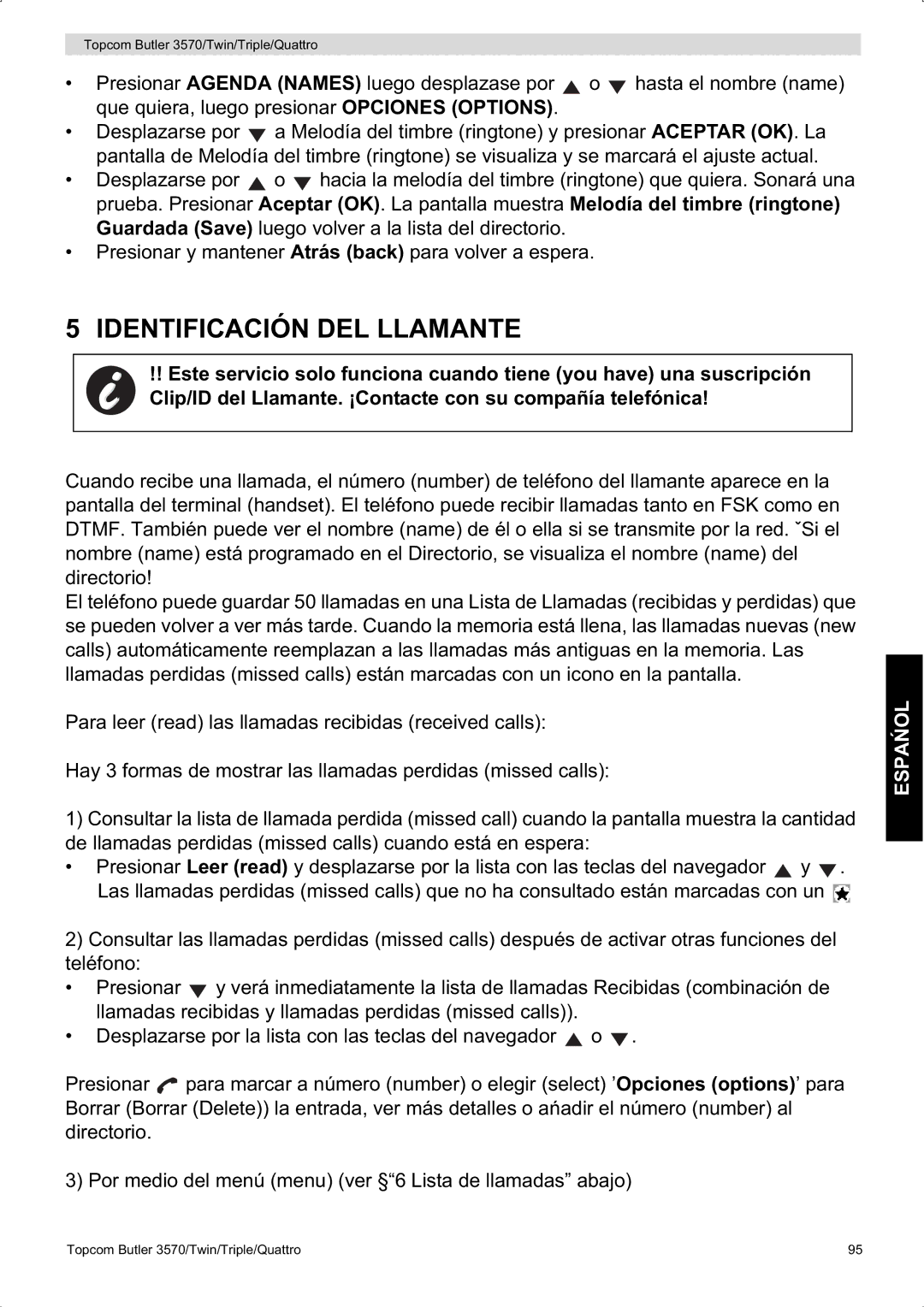 Topcom 3570 manual Identificación DEL Llamante 