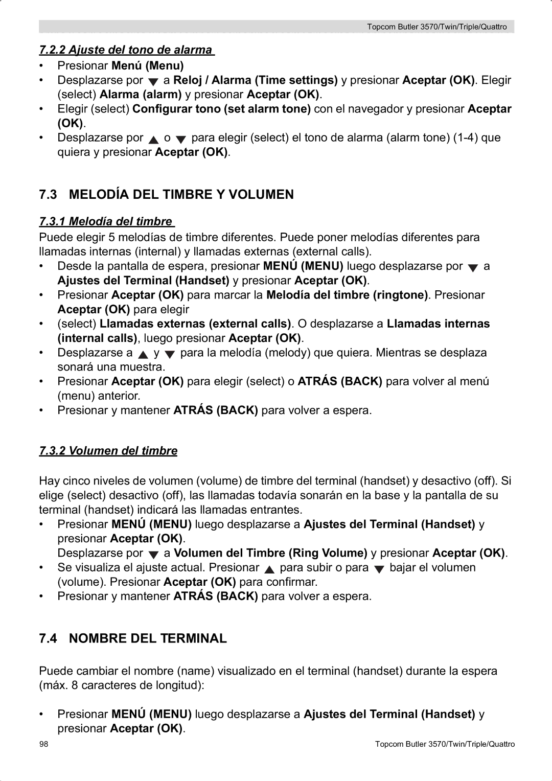 Topcom 3570 manual Melodía DEL Timbre Y Volumen, Nombre DEL Terminal, Ajuste del tono de alarma, Melodía del timbre 