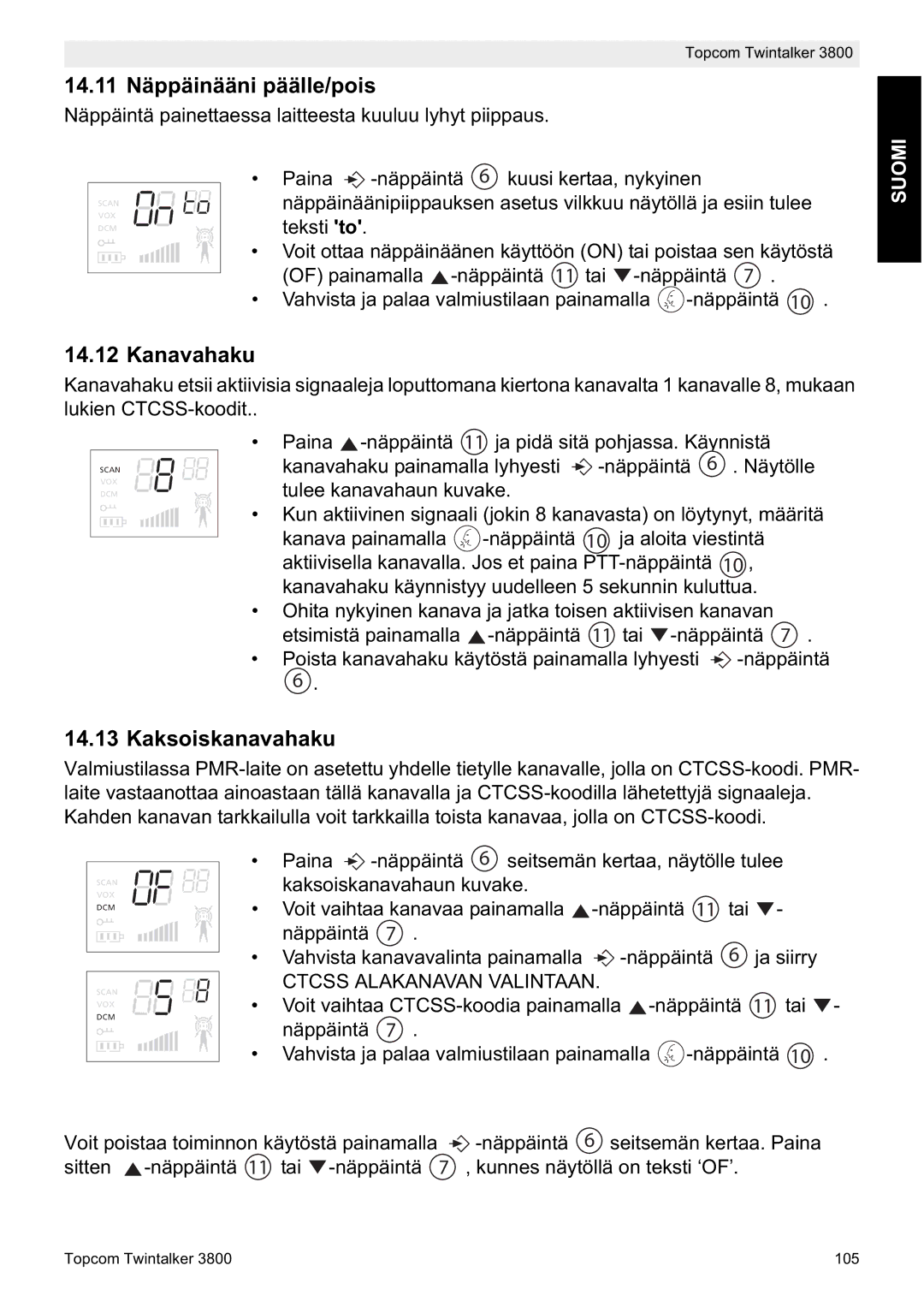 Topcom 3800 manual do utilizador 14.11 Näppäinääni päälle/pois, Kanavahaku, Kaksoiskanavahaku 