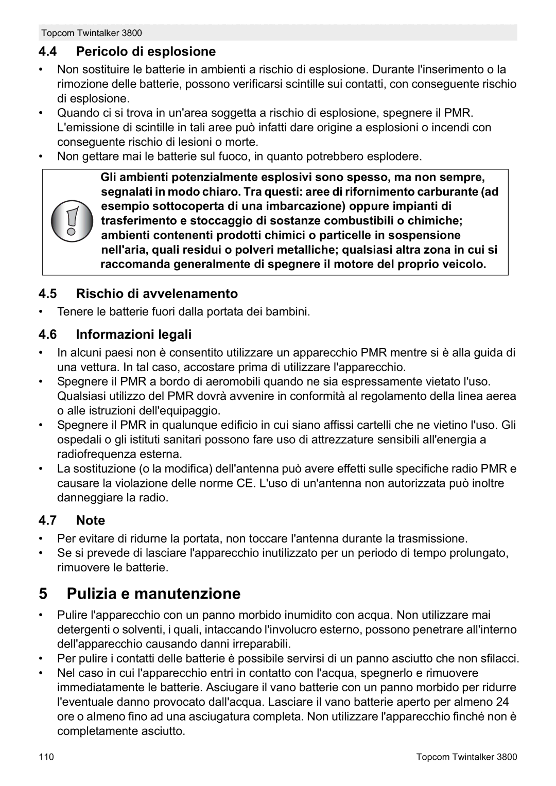 Topcom 3800 Pulizia e manutenzione, Pericolo di esplosione, Rischio di avvelenamento, Informazioni legali 