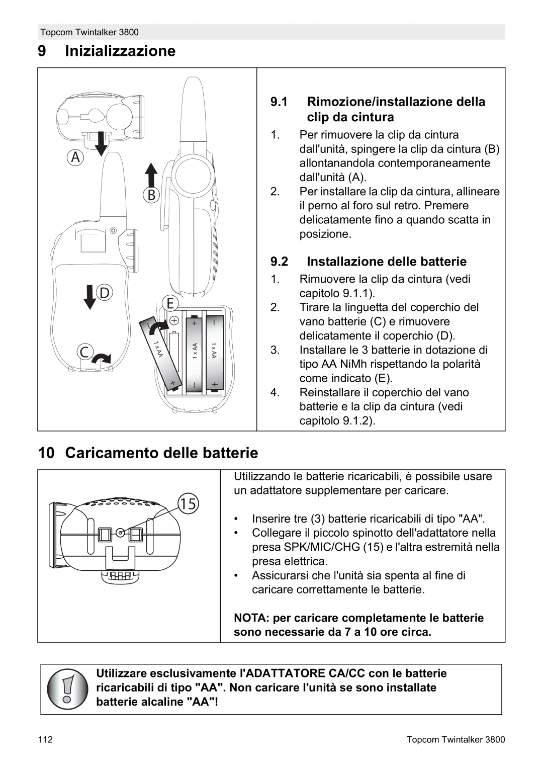 Topcom 3800 Inizializzazione, Caricamento delle batterie, Rimozione/installazione della clip da cintura 