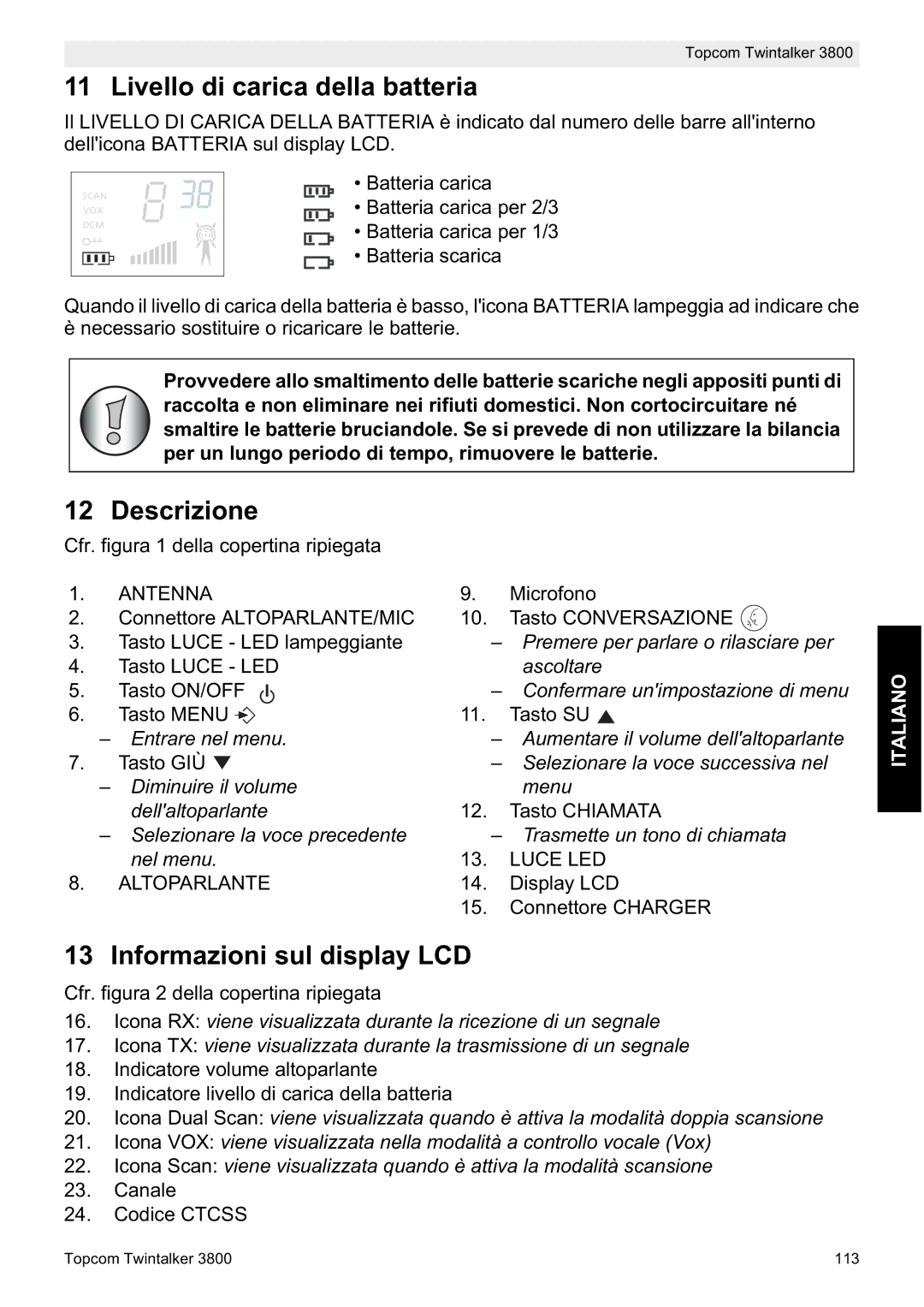 Topcom 3800 manual do utilizador Livello di carica della batteria, Descrizione, Informazioni sul display LCD 